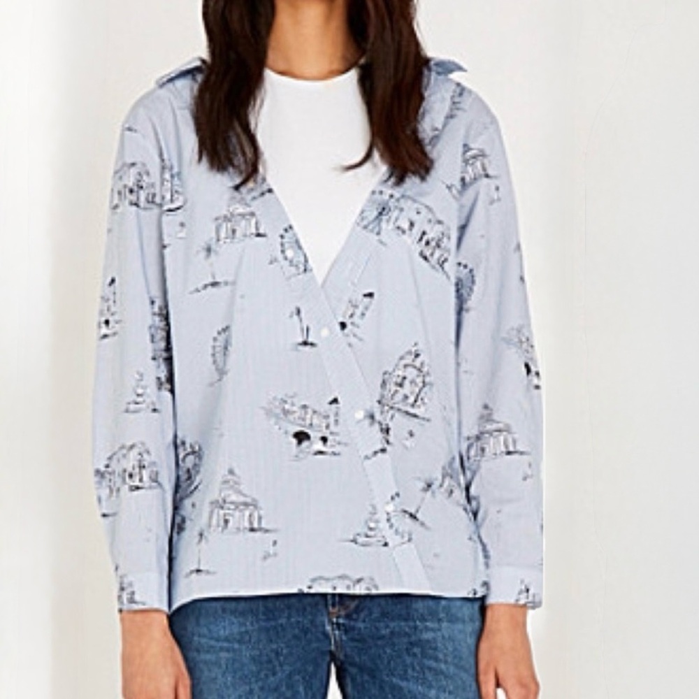 Maje Lasane Off the Shoulder Poplin Layered Shirt Striped with Print size 3